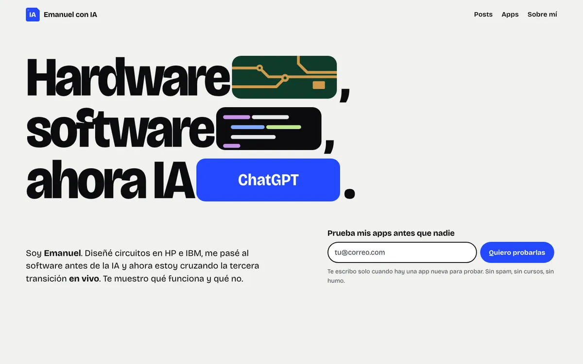 Opción A: fondo gris claro, titular enorme «Hardware, software, ahora IA» con recuadros de placa, código y un botón azul que rota entre IAs.