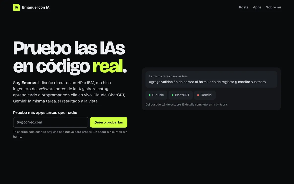 Opción B: fondo negro, titular «Pruebo las IAs en código real» con la palabra real en verde limón.