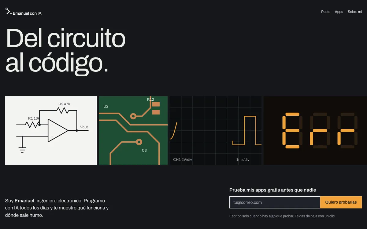 Inicio descartado: fondo oscuro, titular «Del circuito al código» y una fila de piezas de electrónica: un esquema, una placa verde, un osciloscopio y un display de 7 segmentos.