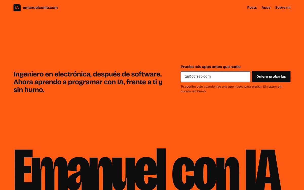 Opción D: todo naranja, con «Emanuel con IA» gigante en letra condensada ocupando la parte de abajo.