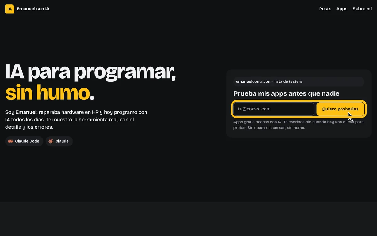 Primera versión del inicio: fondo negro, titular «IA para programar, sin humo» con acentos amarillos y la biografía «reparaba hardware en HP».