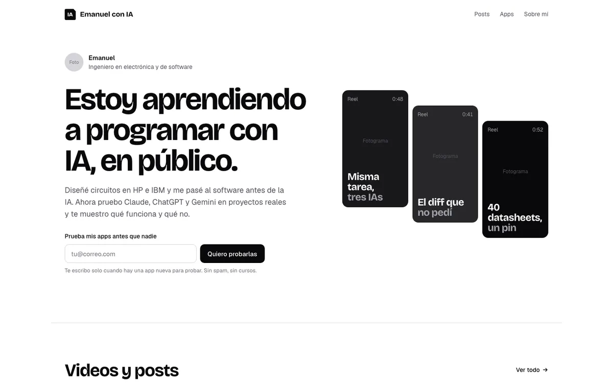 Propuesta Canal: fondo blanco, titular grande y tres miniaturas de reels.