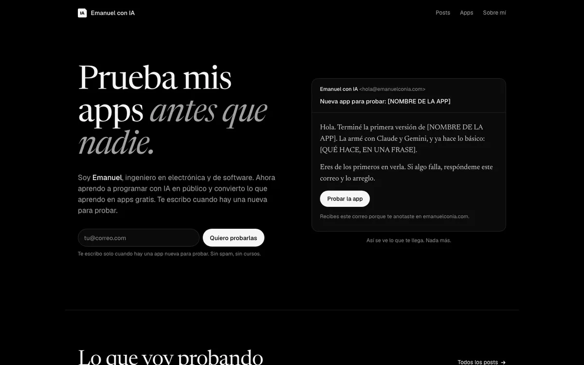 Propuesta Correo: fondo negro, titular en serif y un ejemplo del correo que recibes.