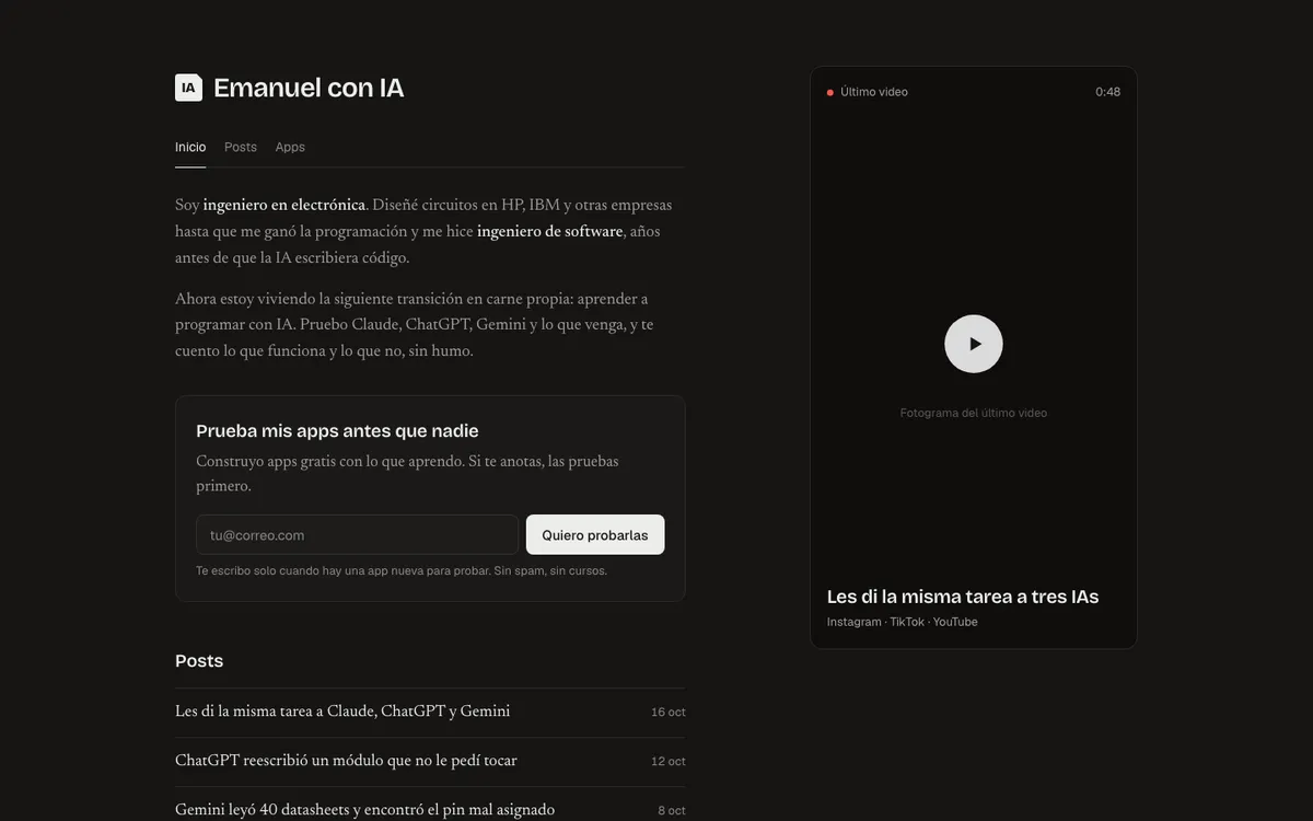 Propuesta Cuaderno: texto en serif sobre fondo oscuro cálido, con un video vertical a la derecha.