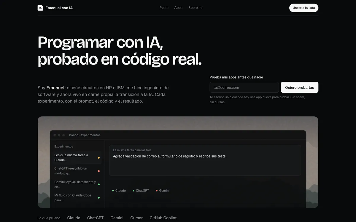 Propuesta Producto: titular grande, formulario a la derecha y una ventana de terminal debajo.