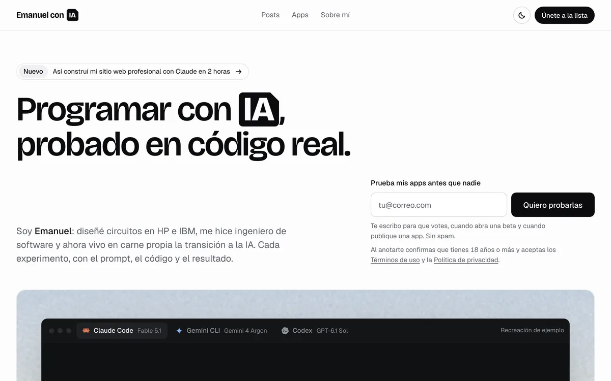 Inicio de emanuelconia.com: titular «Programar con IA, probado en código real» y el formulario de la lista de testers.